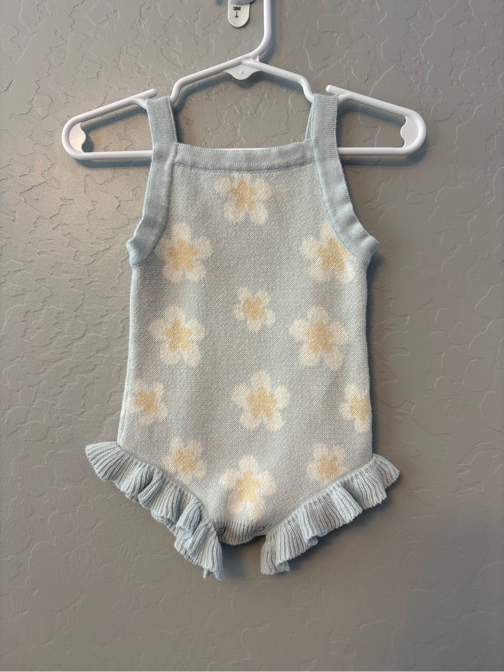 Blossom + Pear light blue daisy knit playsuit organic cotton newborn